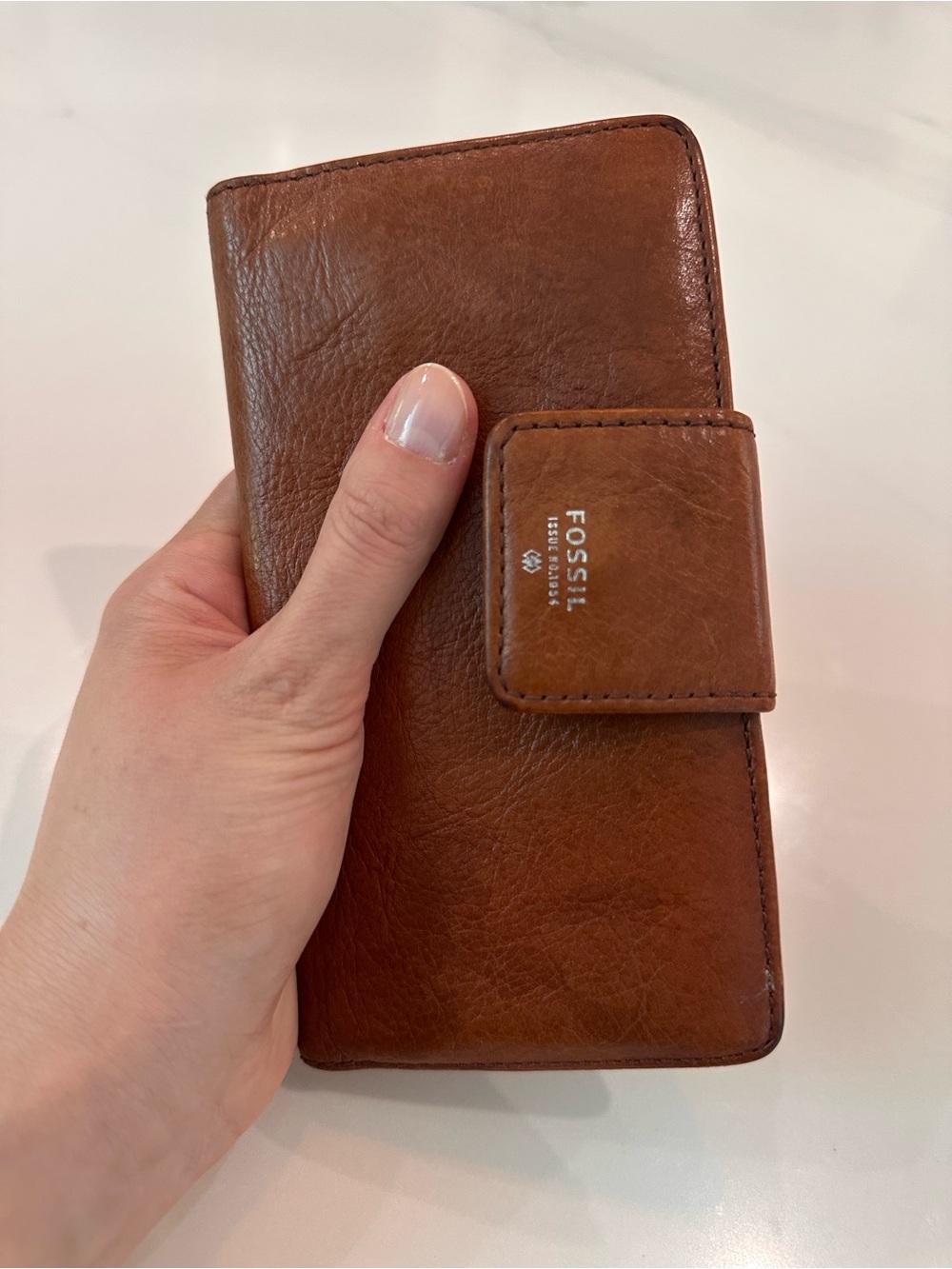 Fossil Cognac Brown Leather Wallet with Snap Closure